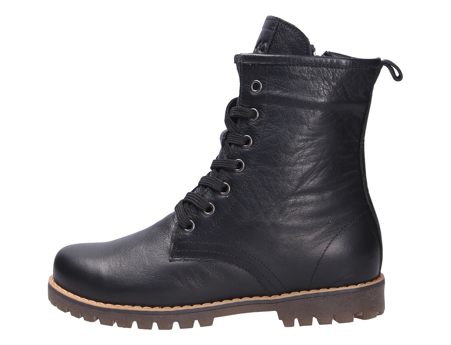 Andrea Conti Damen Stiefel in Schwarz, seitlich abgebildeter Leder-Schnürstiefel mit Reißverschluss und profilierter Sohle