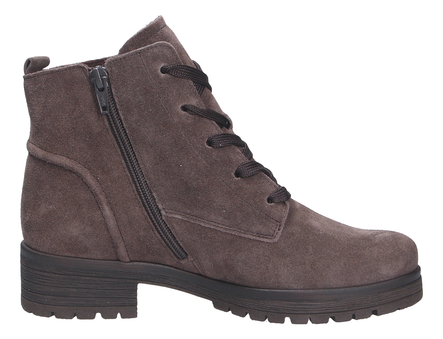 Gabor Damen Stiefel aus braunem Veloursleder, seitliche Ansicht, mit Schnürung, Reißverschluss und profiliertem Blockabsatz