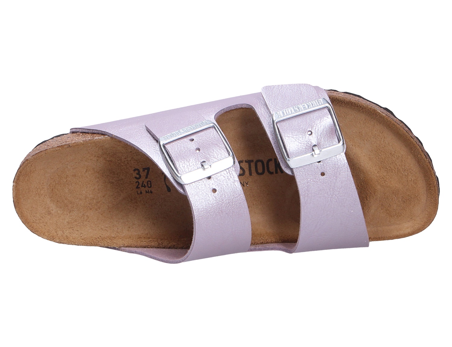 Birkenstock Arizona Sandale in schimmerndem Rosa mit zwei verstellbaren Riemen, Metallschnallen und anatomischem Kork-Latex-Fußbett