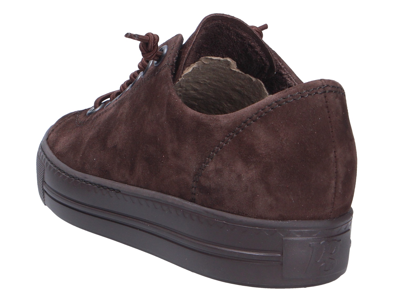 Paul Green 4081 Damen-Sneaker aus braunem Veloursleder mit Schnürung, dunkler Plateausohle und warmem Innenfutter in Rückansicht