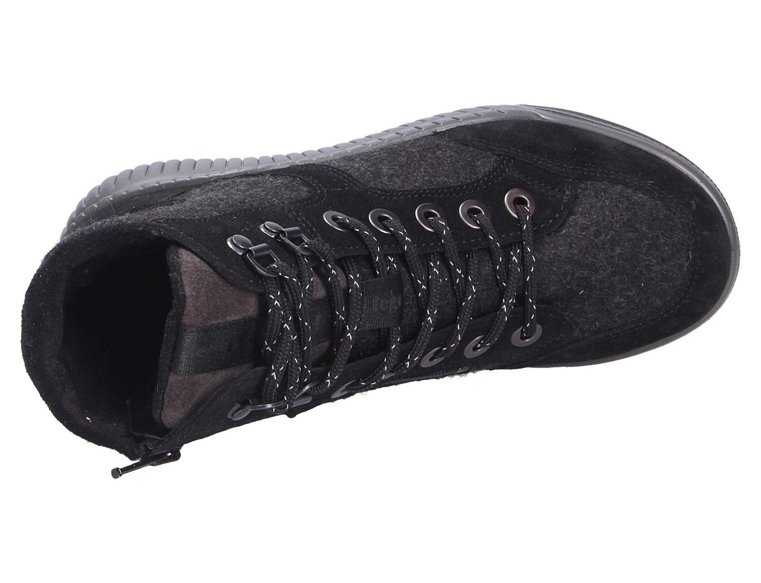 Legero Damen Stiefel in Schwarz aus Veloursleder und Filz, Draufsicht mit Schnürung, gepolstertem Schaft und profilierter Sohle
