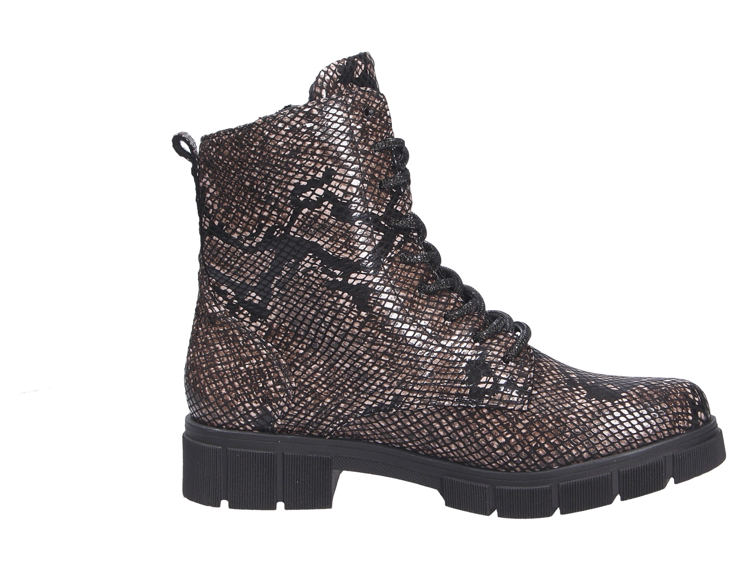 Remonte Damen Stiefel, braun-schwarzer Schnürstiefel in Schlangenoptik mit robuster Profilsohle