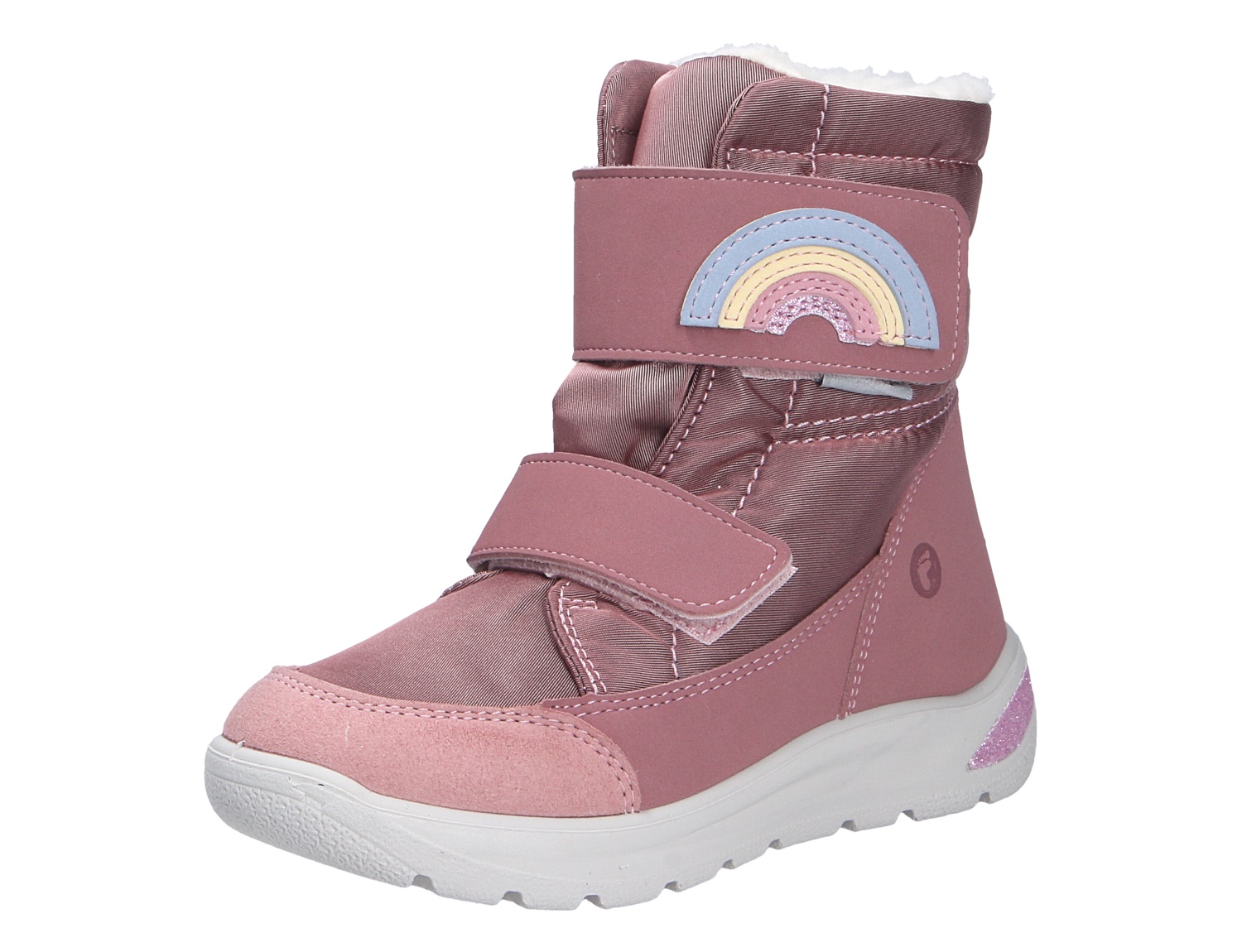 Ricosta Mädchen Stiefel in Rosa mit zwei Klettverschlüssen, warmem Innenfutter, weißer Sohle und Regenbogen-Applikation