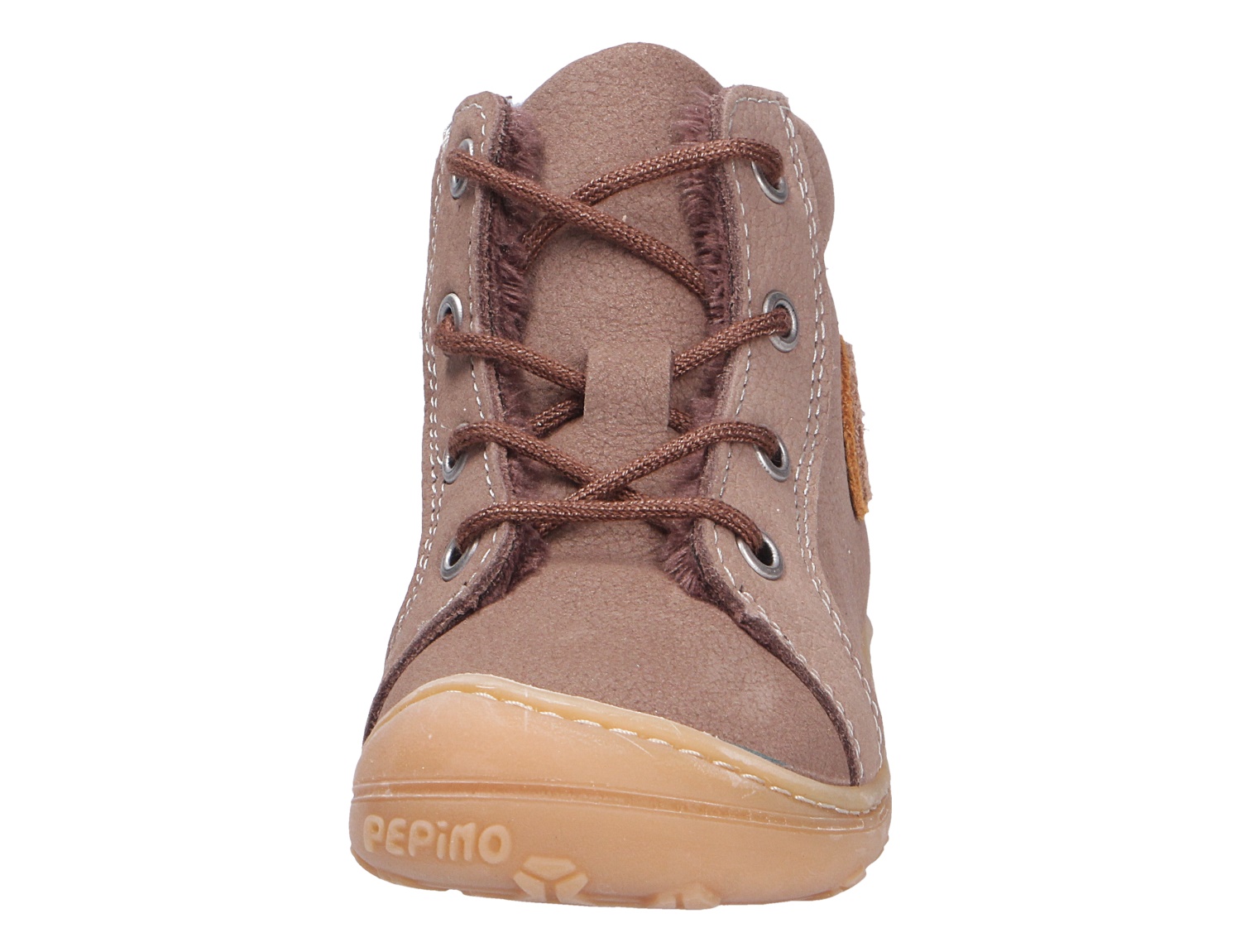 Ricosta Jungen Lauflernstiefel in Taupe aus Veloursleder, Vorderansicht mit Schnürung und flexibler Sohle