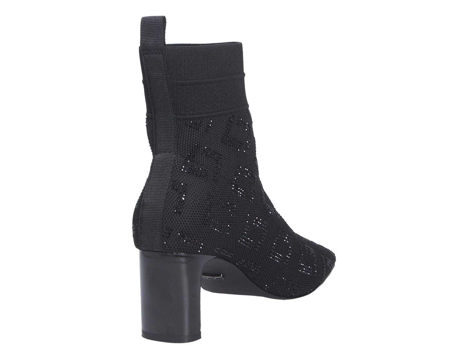 La Strada Damen Stiefel in Schwarz, seitliche Ansicht, mit hohem Blockabsatz, elastischem Schaft und funkelndem Muster in Strickoptik