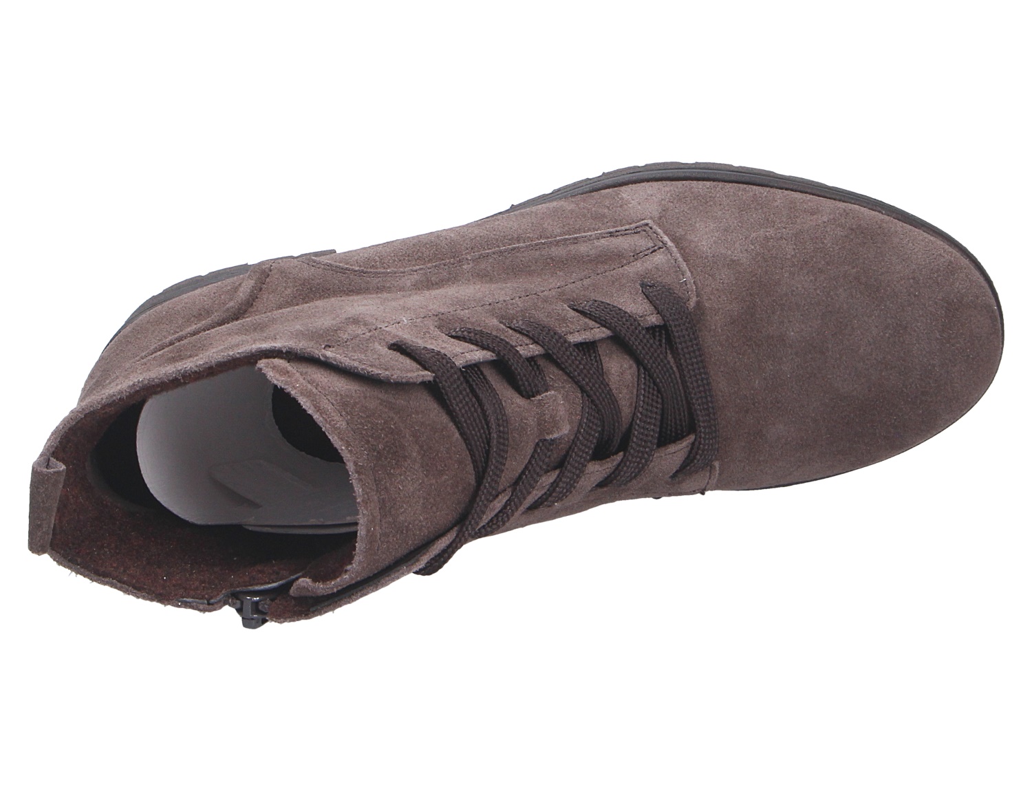 Gabor Damen Stiefel aus braunem Veloursleder, Ansicht von oben, mit Schnürung, seitlichem Reißverschluss und flacher Sohle