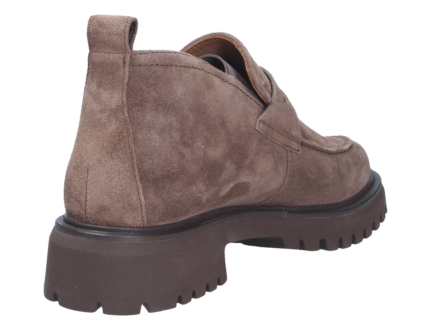Paul Green Damen Slipper in Braun aus Veloursleder mit kräftiger schwarzer Profilsohle, seitliche Rückansicht