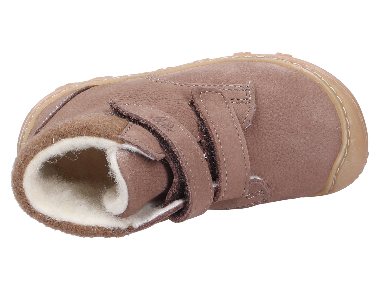 Ricosta Cory Kinder-Lauflernschuh in Taupe aus Leder, mit warmem Wollfutter, hohem Schaft und Klettverschluss