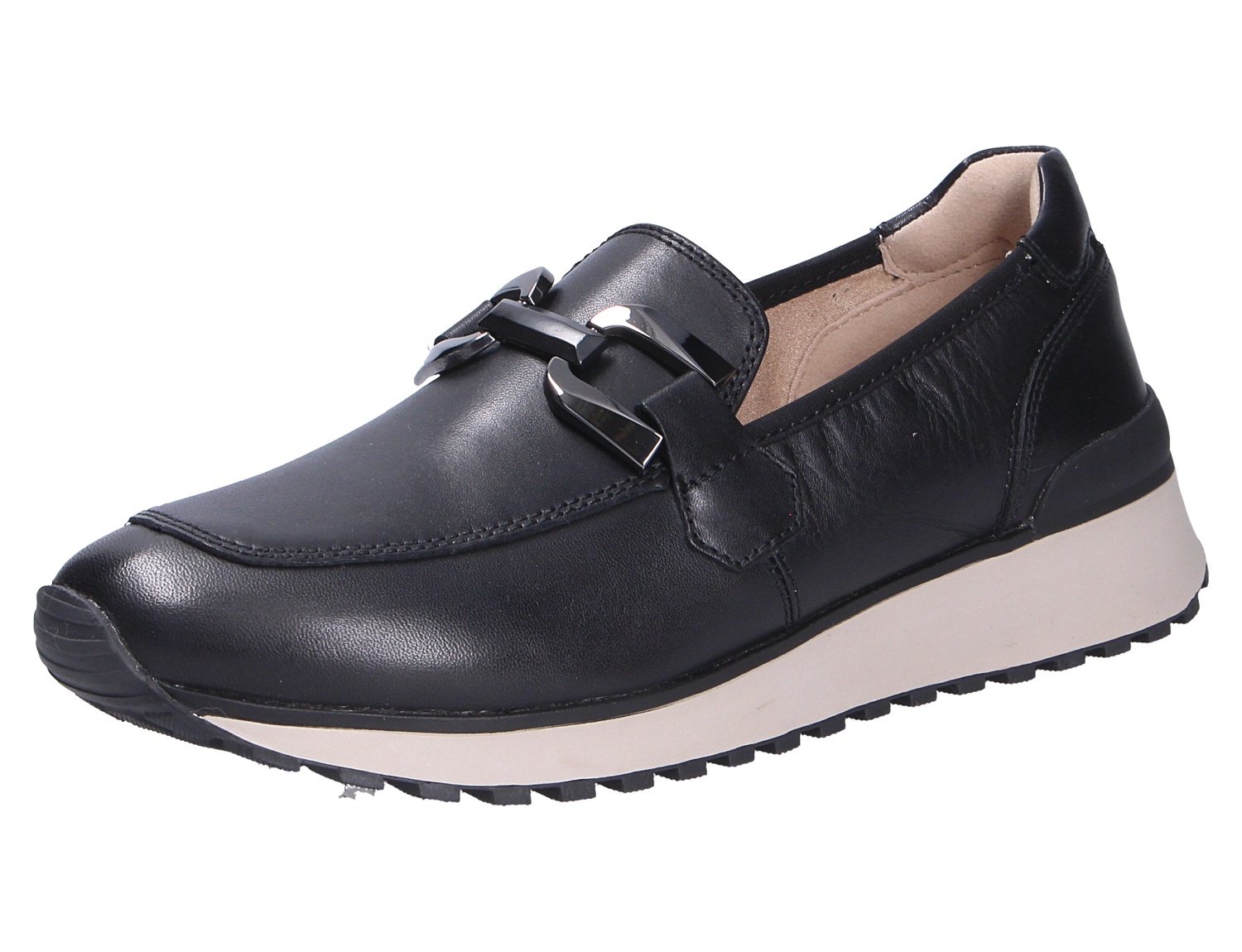 Caprice Damen Slipper, schwarzer Lederslipper mit dekorativer Zierspange und heller Keilsohle