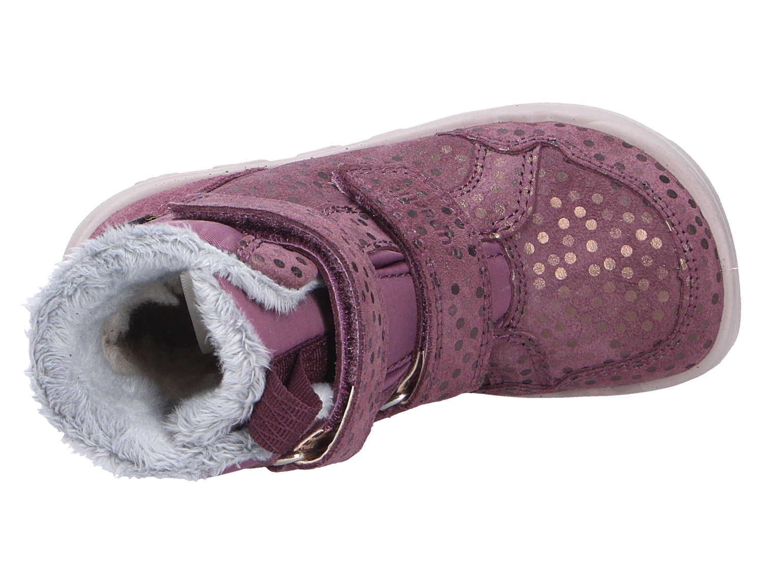 Draufsicht auf den Superfit WALDERI Winterstiefel in Rosa mit Glitzerpunkten, Klettverschluss und weichem Warmfutter
