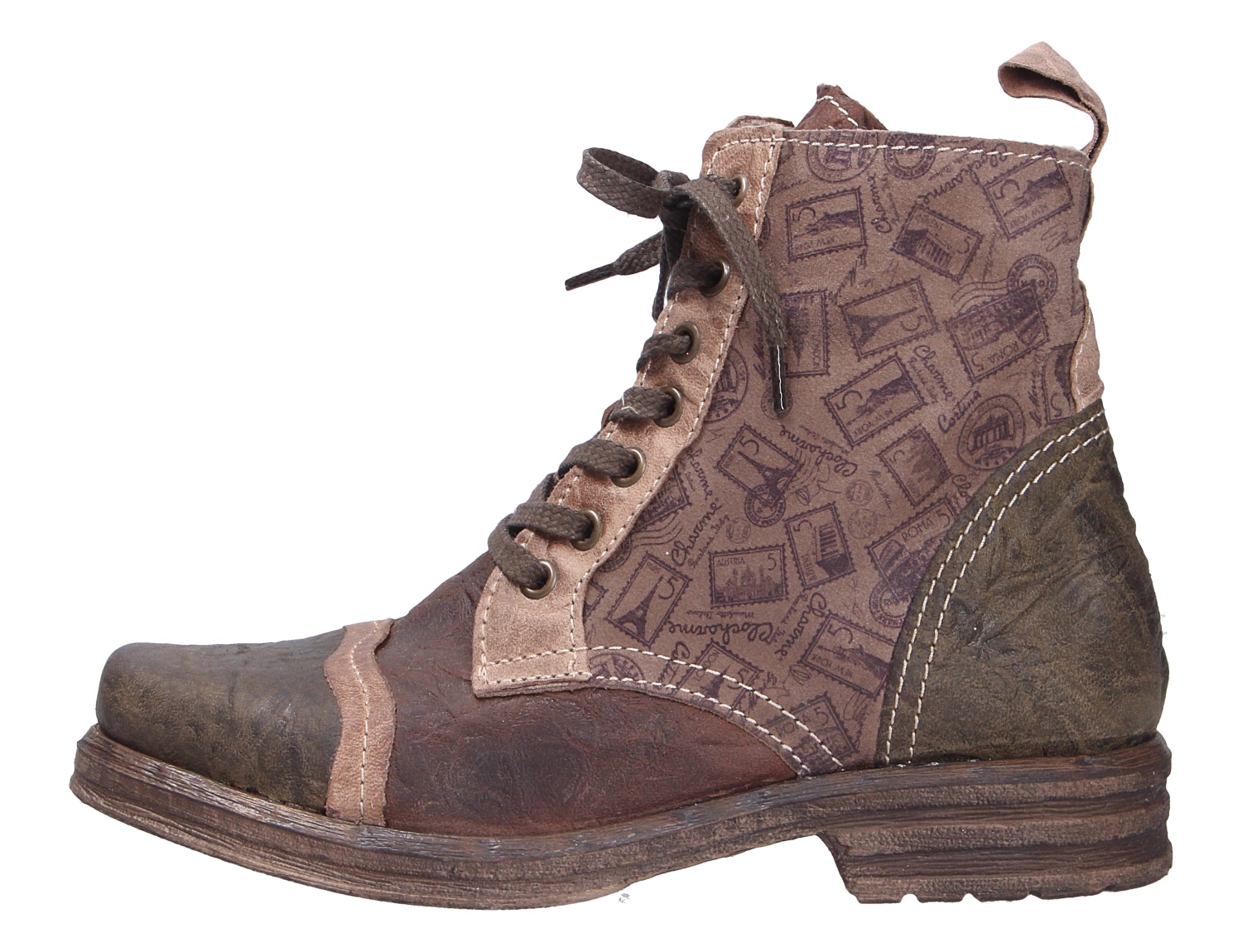 Charme Etnic 9 Damen Schnürstiefelette in Braun, seitliche Ansicht, Vintage-Look mit dekorativem Print und robuster Sohle