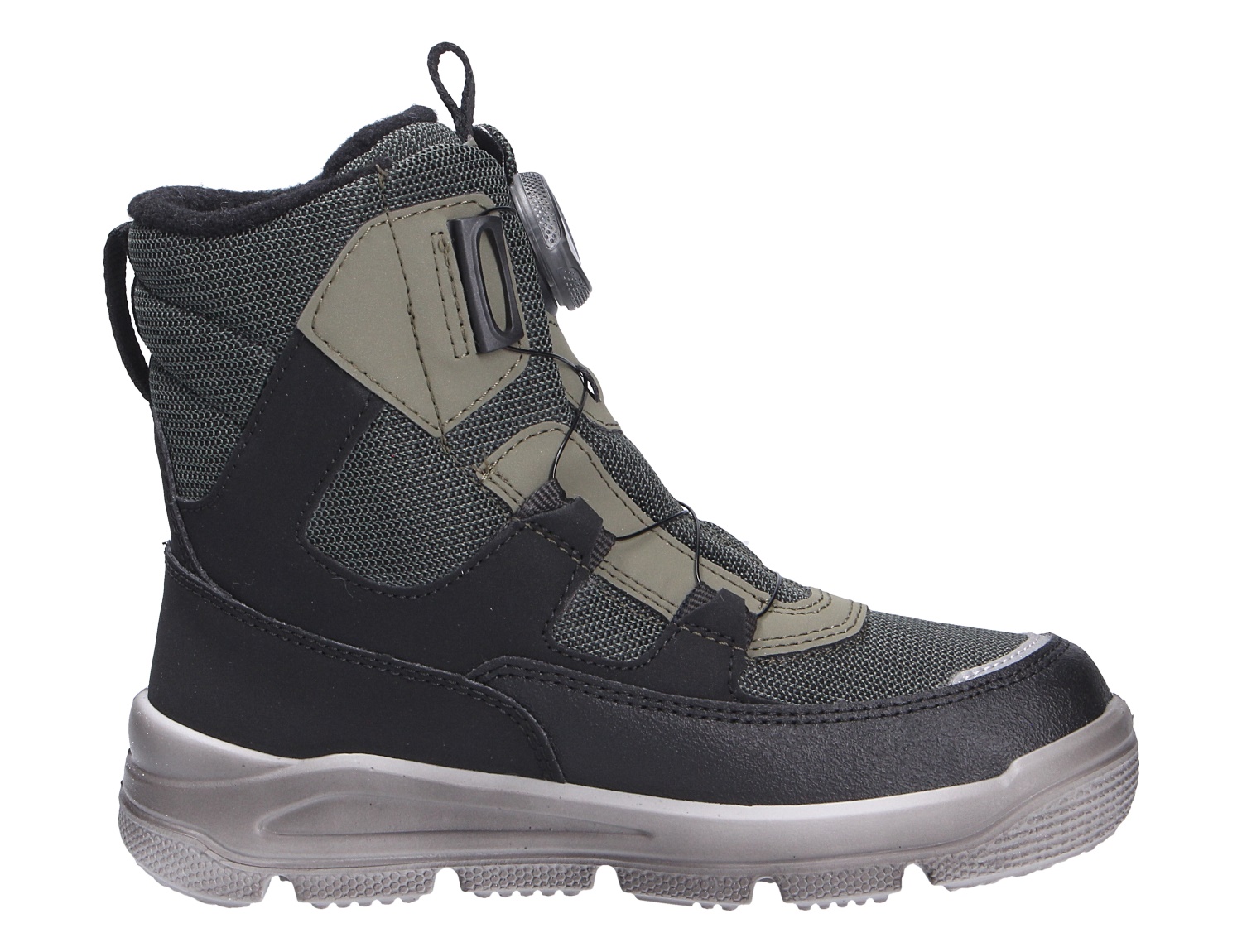 Superfit MARS Winterstiefel für Kinder in Schwarz und Oliv, gefüttert mit robuster Sohle und praktischem Drehverschluss, Seitenansicht