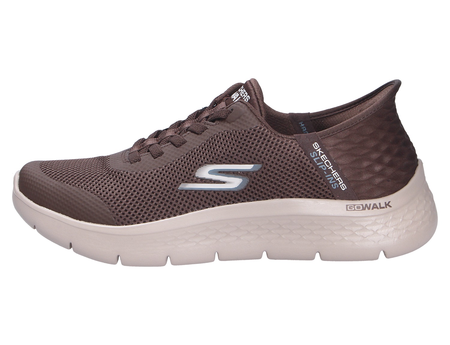 Skechers Go Walk Slip-Ins Sneaker in Braun mit atmungsaktivem Mesh-Obermaterial und weißer Komfortsohle, Seitenansicht
