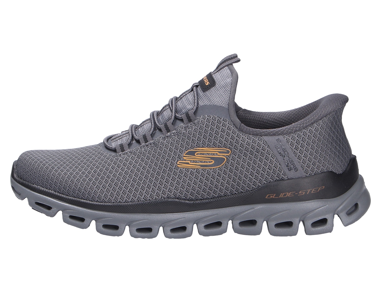 Seitenansicht des Skechers Glide Step Noxus in Grau, sportlicher Herren-Sneaker mit atmungsaktivem Mesh und bequemer Glide-Step-Sohle