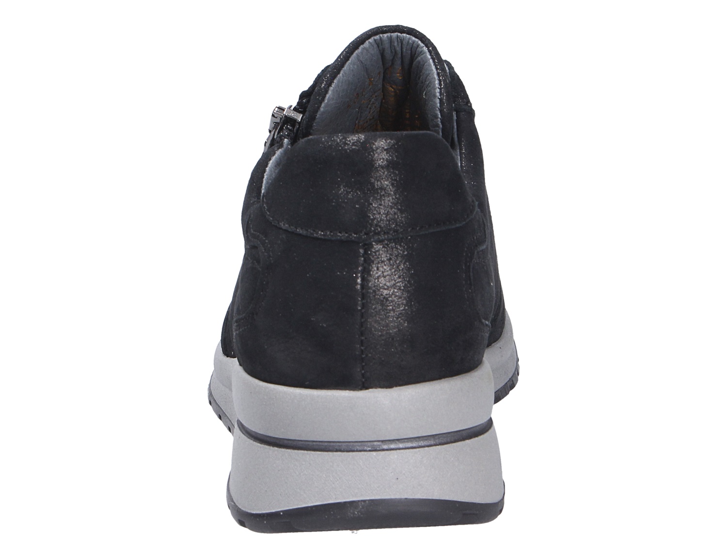 Rückansicht des schwarzen Waldläufer Damen-Sneakers H-Inessa mit heller Keilsohle und Reißverschluss