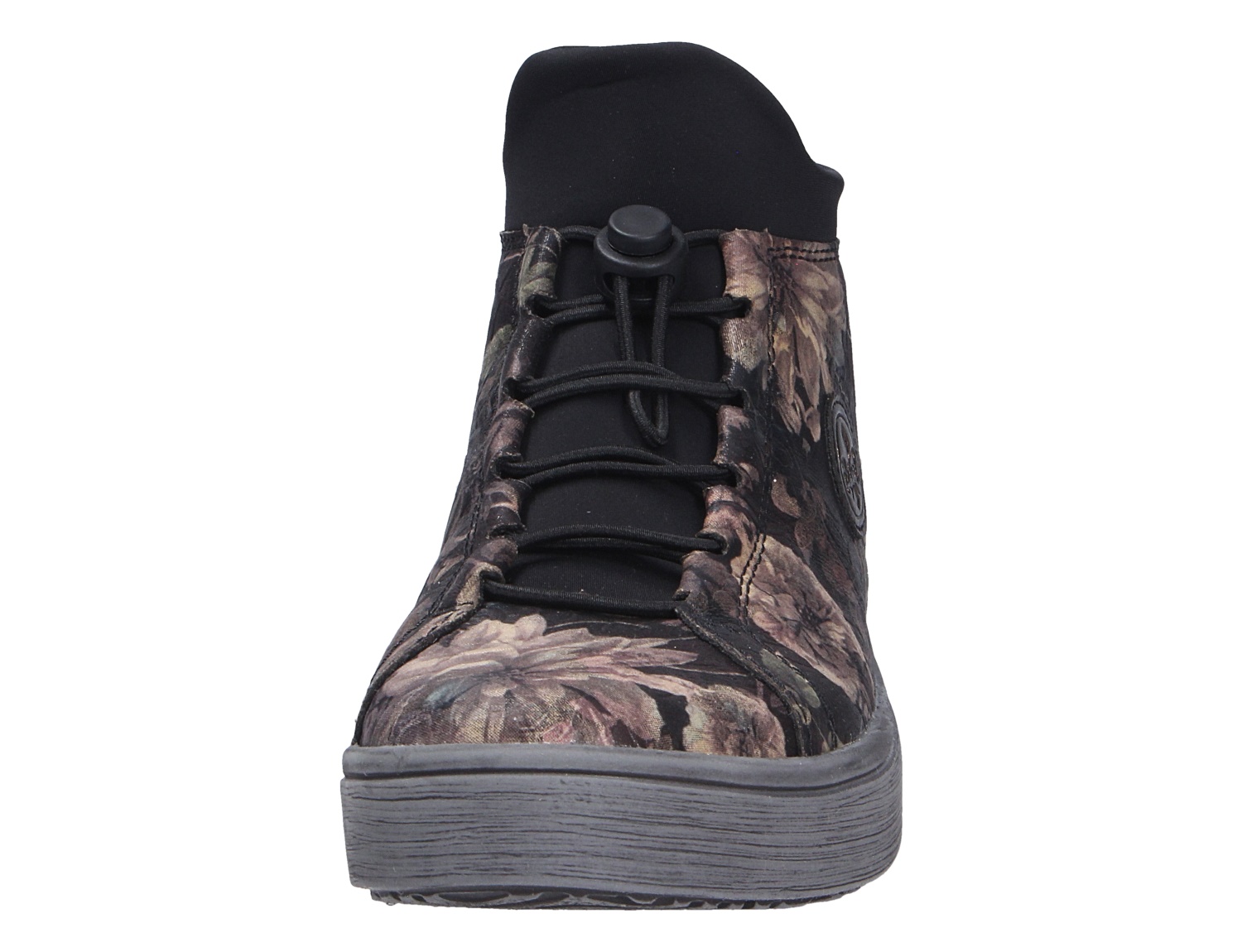 Vorderansicht der Rieker Damen Stiefel mit floralem Muster, schwarzem Schaftrand, Elastikschnürung und grauer Sohle