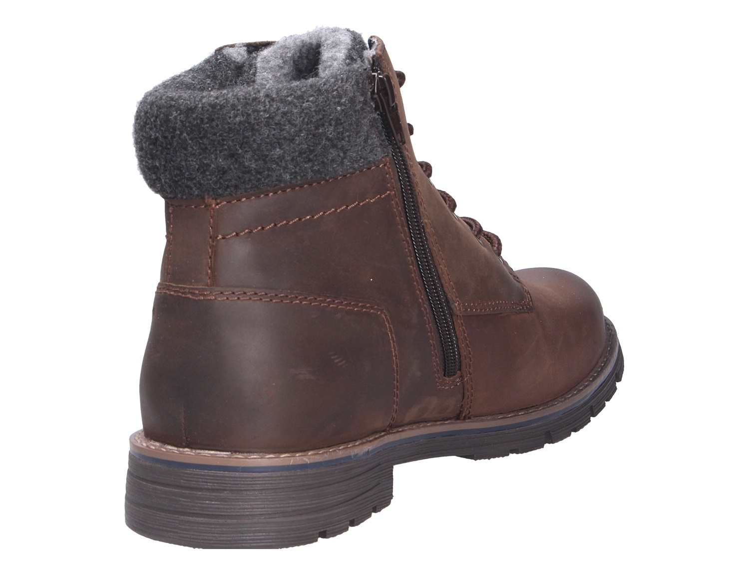 bugatti Herren Stiefel, brauner Lederboot mit seitlichem Reißverschluss, Schnürung und grauem, warmem Schaftkragen in Rückansicht