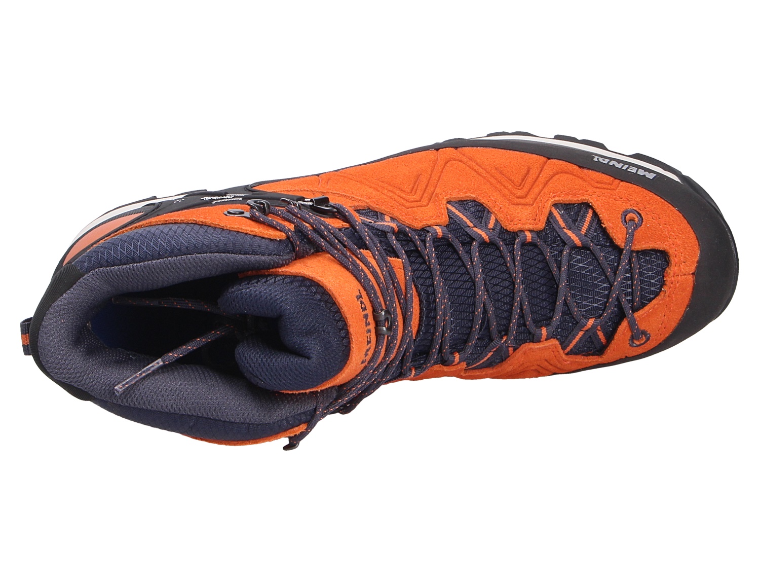 Meindl Tonale Herren-Trekkingstiefel in Orange und Dunkelblau, Draufsicht mit Schnürung und robuster Sohle für anspruchsvolle Touren und sicheren Halt im Gelände