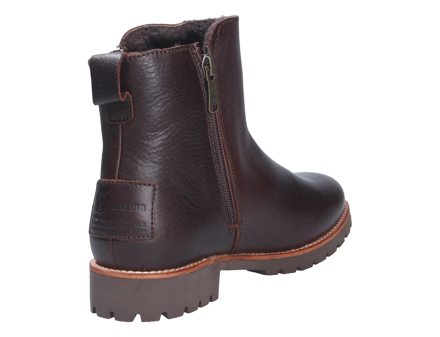 Panama Jack Fiore Damen-Stiefelette aus dunkelbraunem Leder, Seitenansicht mit Reißverschluss, warmem Innenfutter und robuster Profilsohle