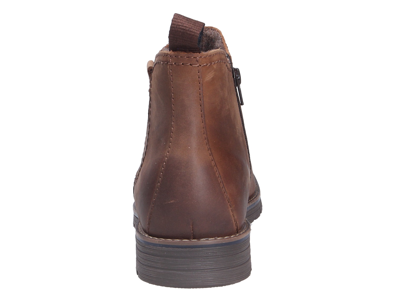 Rückansicht der braunen bugatti Herren Stiefel aus Leder mit seitlichem Reißverschluss, robuster Sohle und Zuglasche