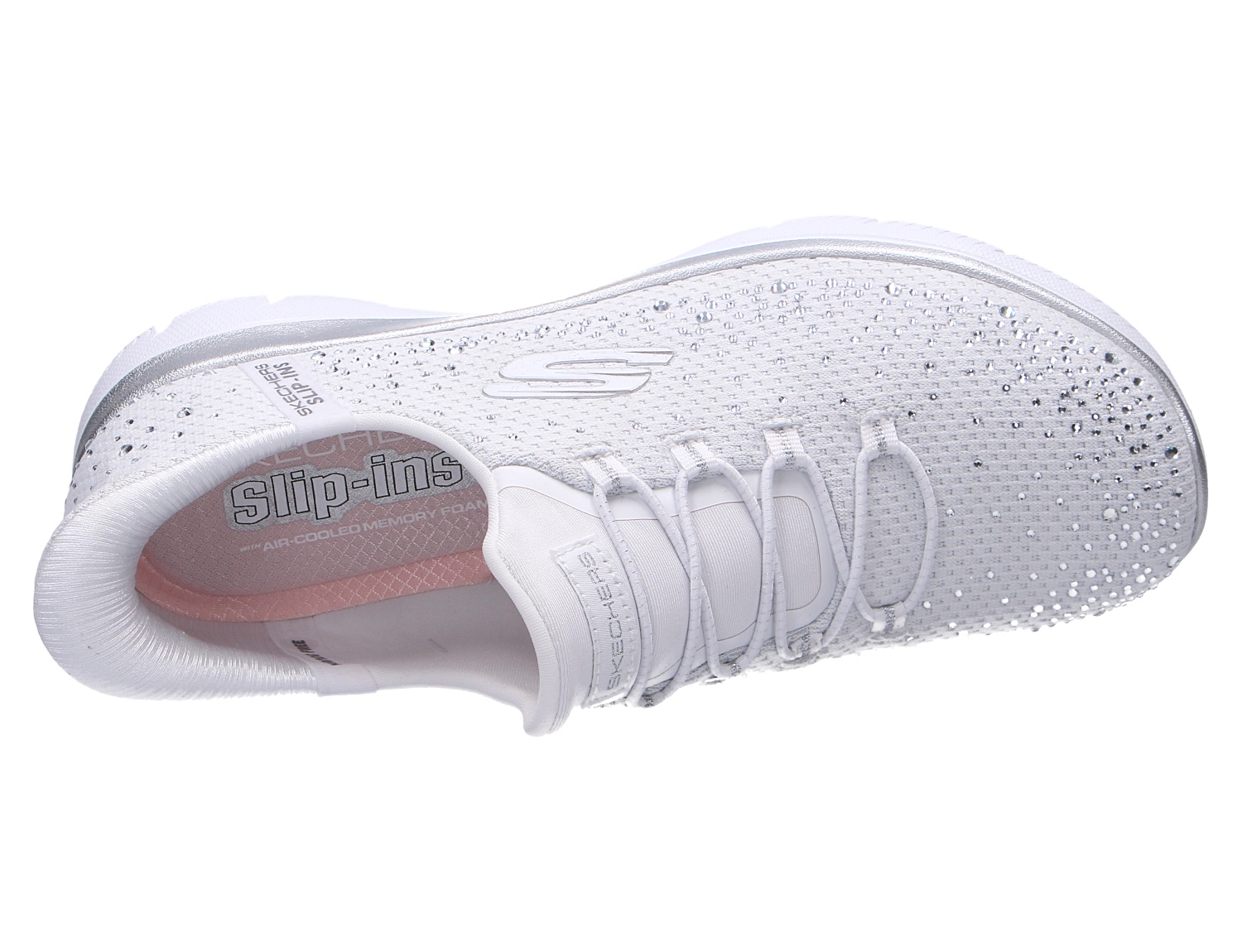 Draufsicht auf den weißen Skechers Summits Slip-ins Sneaker mit Glitzersteinen, elastischer Schnürung und Air-Cooled Memory Foam