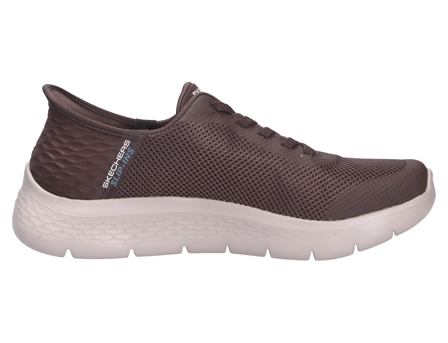 Seitenansicht des braunen Skechers Go Walk Slip-Ins Sneakers mit atmungsaktivem Mesh-Obermaterial und dicker heller Sohle