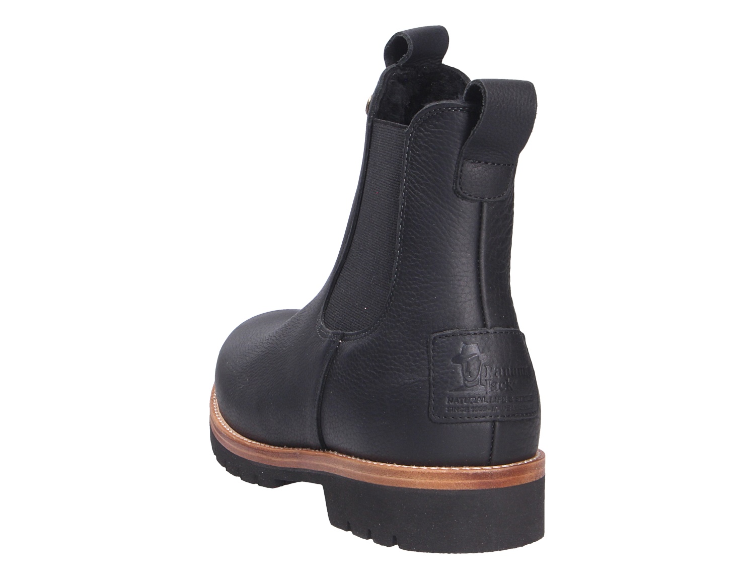 Rückansicht des schwarzen Chelsea-Boots Beny von Panama Jack aus Leder mit Elastikeinsatz und Profilsohle
