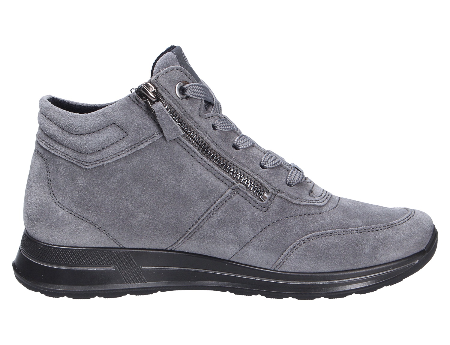 Ara OSAKA Damen-Sneaker in Grau aus Veloursleder, seitliche Ansicht, knöchelhoch mit Reißverschluss, Schnürung und schwarzer Sohle