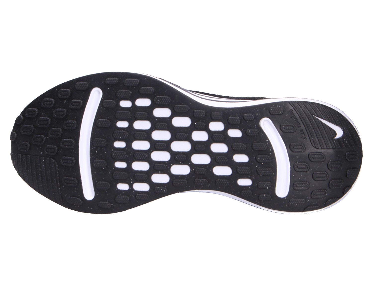 Ansicht der schwarzen profilierten Laufsohle des Nike Jounrney Woman`s Road Damen-Sneakers für Alltag, Freizeit und City-Trips