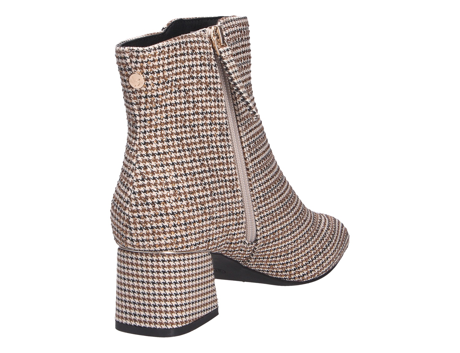 La Strada Damen Stiefel in Seitenansicht mit Reißverschluss, Blockabsatz und beigebraunem Hahnentrittmuster