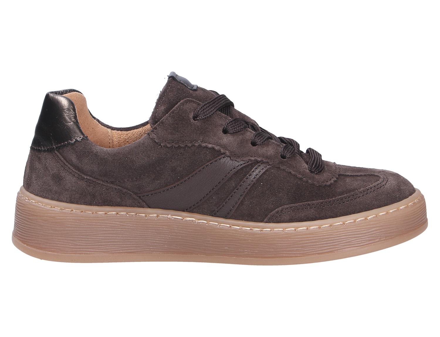 Seitliche Ansicht der Gabor Damen Schnürschuhe aus dunkelbraunem Veloursleder mit Schnürung und heller Plateausohle