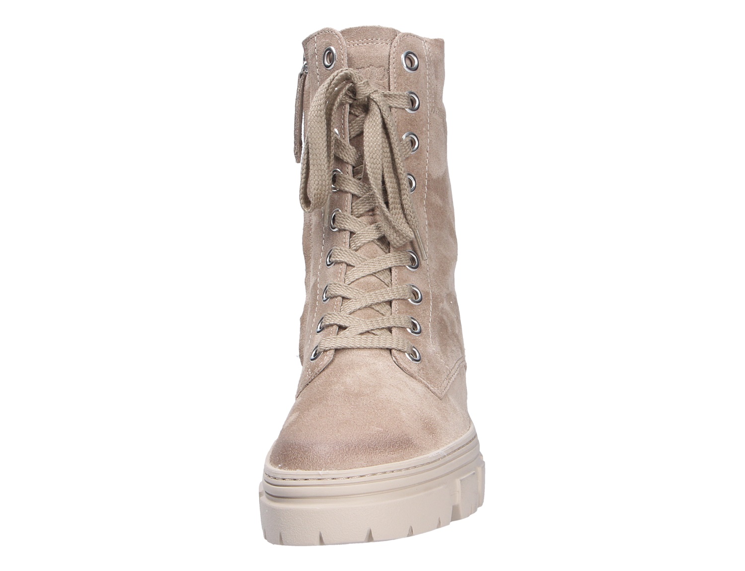 Frontansicht der beigen Paul Green Damen Stiefel aus Veloursleder mit Schnürung, Reißverschluss und kräftiger Profilsohle
