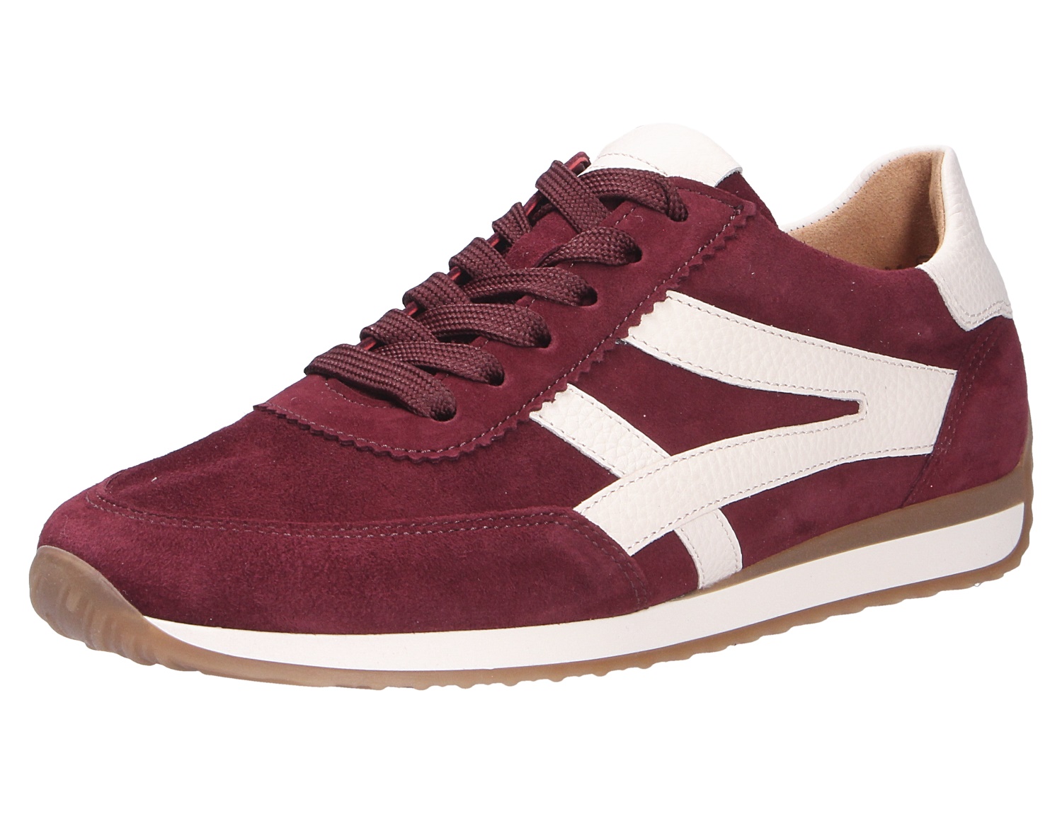 Gabor Damen Sneaker aus Veloursleder in Bordeaux mit weißen Leder-Details, Schnürung und heller Sohle