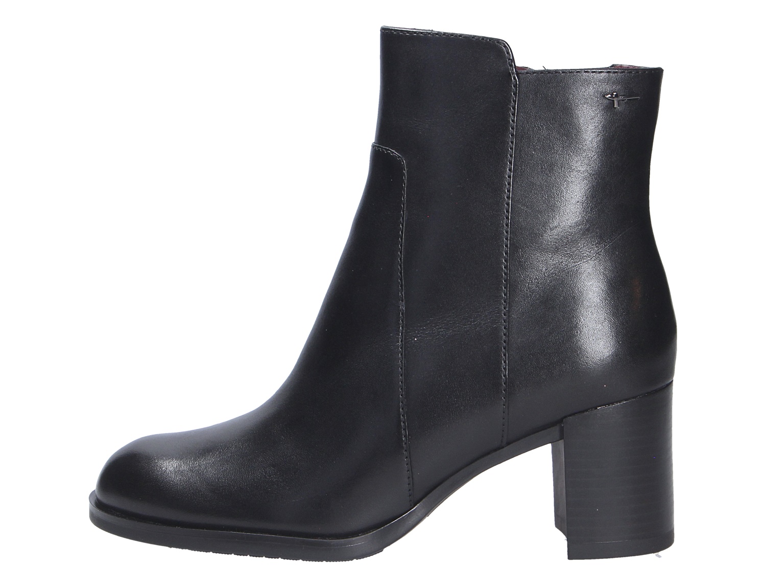 Tamaris Damen Stiefel in Schwarz als elegante Stiefelette aus glattem Leder mit seitlicher Ansicht und stabilem Blockabsatz