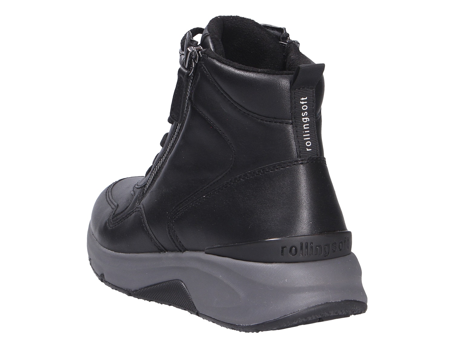 Gabor Damen Stiefel in Schwarz, Rückansicht eines knöchelhohen Stiefels mit seitlichem Reißverschluss und robuster sportlicher Sohle