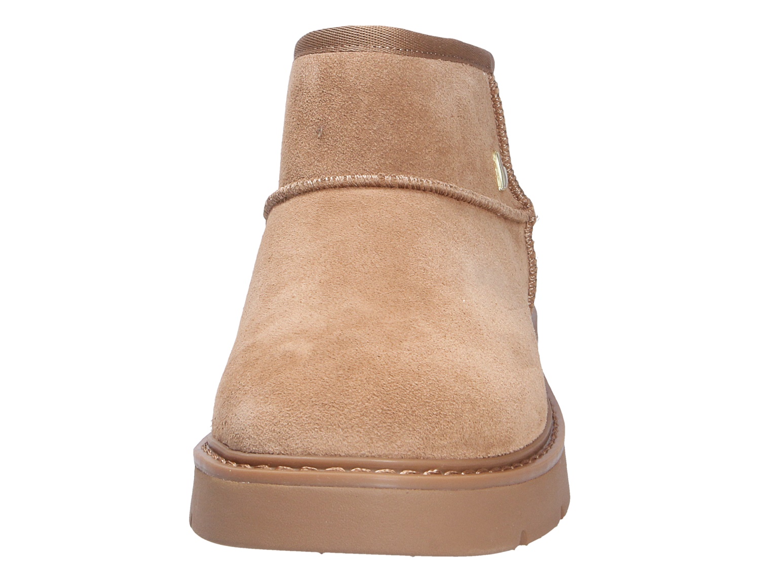 Frontalansicht des beigen Skechers Keepsakes Cozy Damen Bootie aus Veloursleder mit kurzem Schaft und robuster Sohle