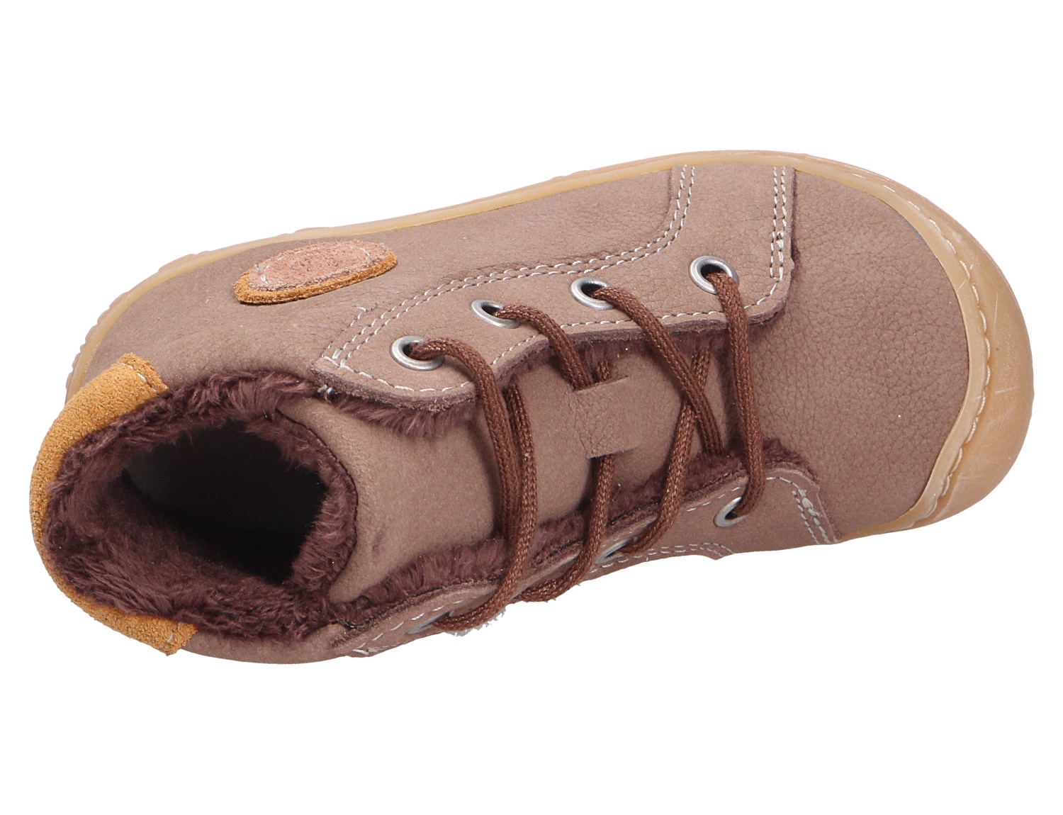 Ricosta Jungen Lauflernstiefel aus braunem Leder mit Schnürung, warmem Futter und flexibler Sohle in Draufsicht