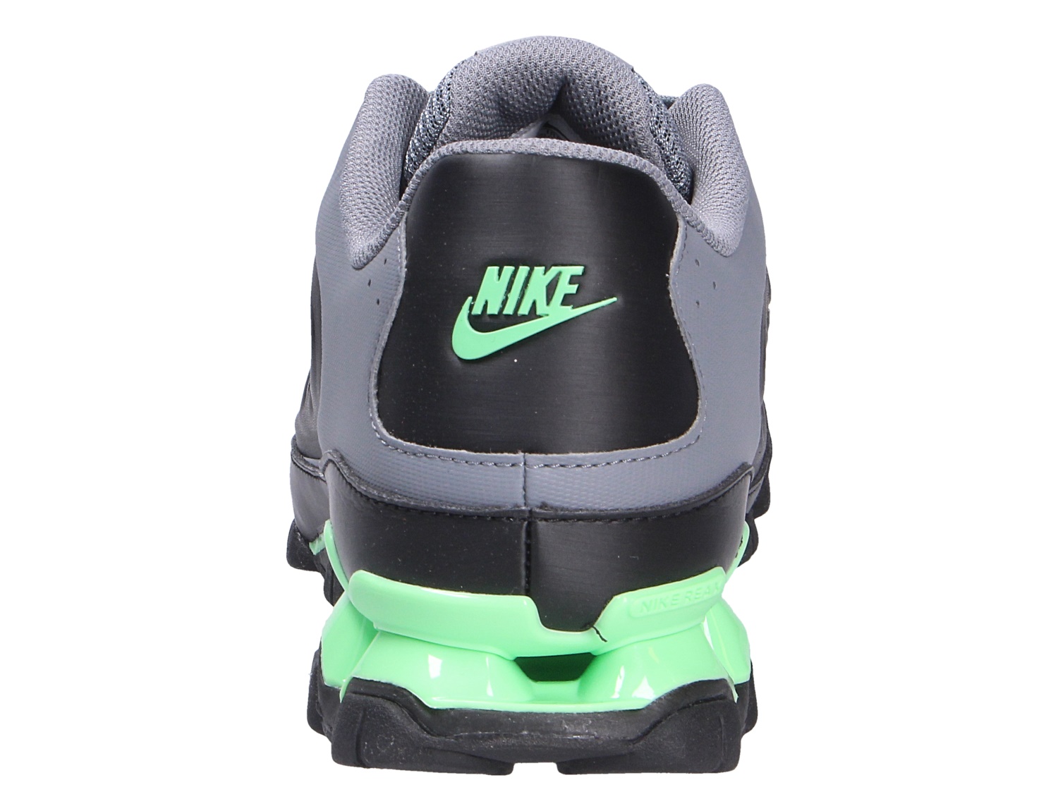 Rückansicht des Nike Reax 8 NSW Sneakers in Schwarz und Grau mit auffälliger grüner Reax-Dämpfung an der Ferse – sportlicher, bequemer Alltagsschuh von Nike