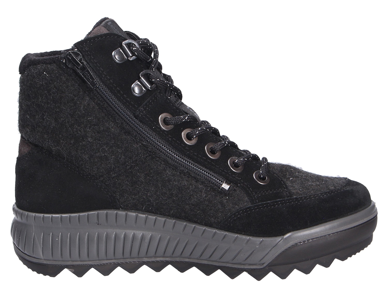 Legero Damen Stiefel, schwarzer Winterstiefel aus Veloursleder und Filz mit Schnürung, seitlichem Reißverschluss und robuster Profilsohle