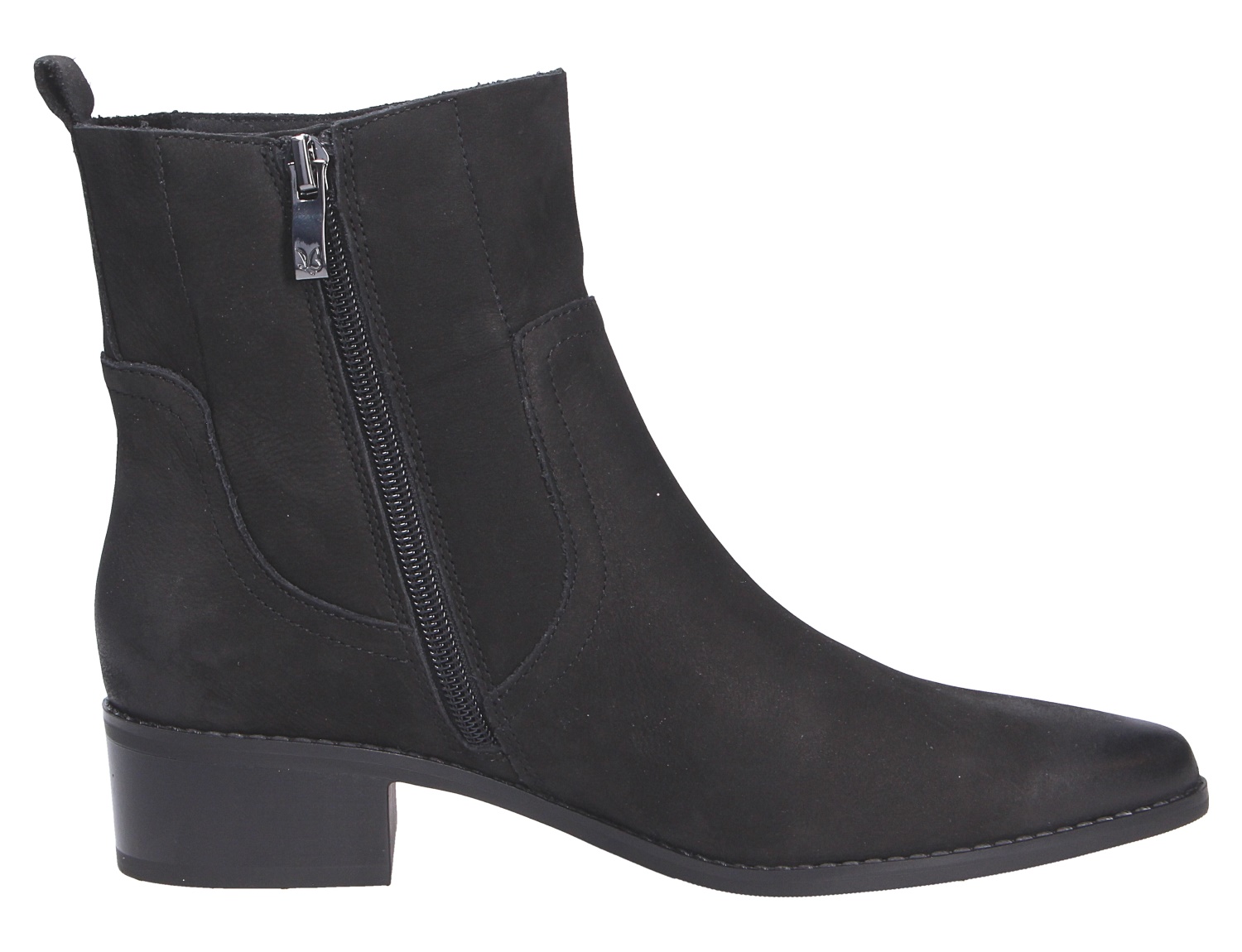Caprice Damen Stiefel in Schwarz, seitliche Ansicht eines eleganten Kurzstiefels aus Veloursleder mit Reißverschluss und Blockabsatz