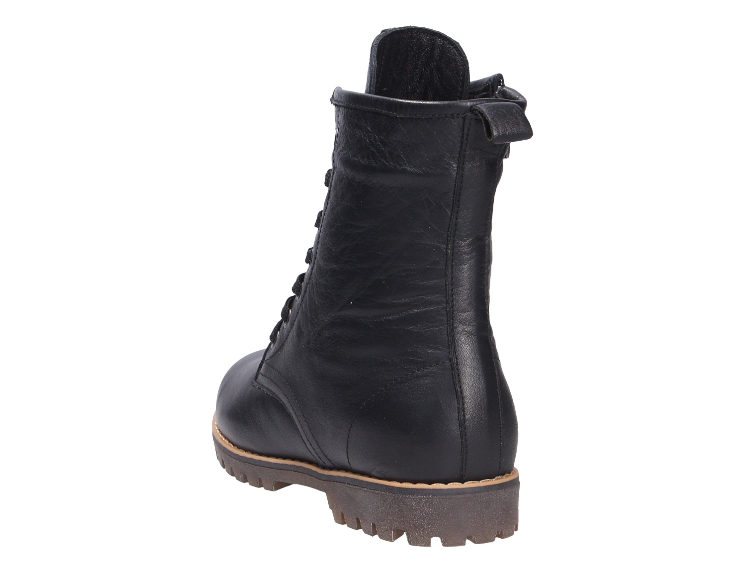 Andrea Conti Damen Stiefel, schwarzer Lederstiefel in Rückansicht mit Schnürung, Zuglasche und robuster Profilsohle