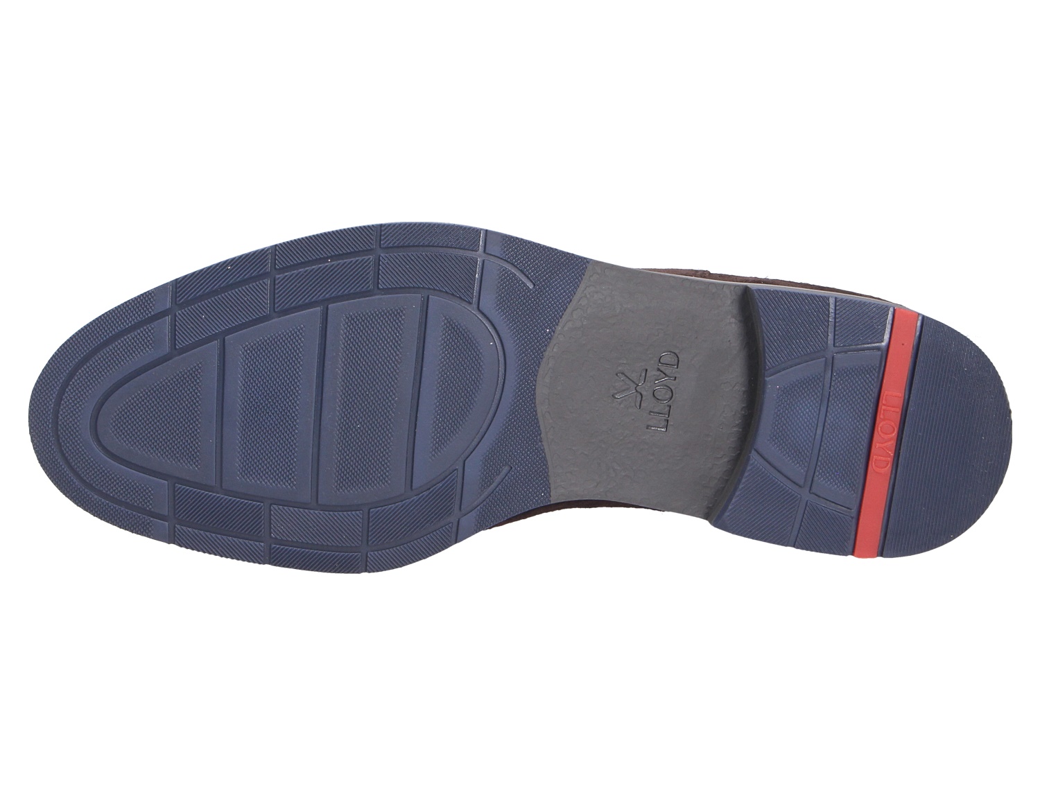Ansicht der Laufsohle des Lloyd DRIFT 315, blaue profilierte Schuhsohle mit rotem Detail am Absatz