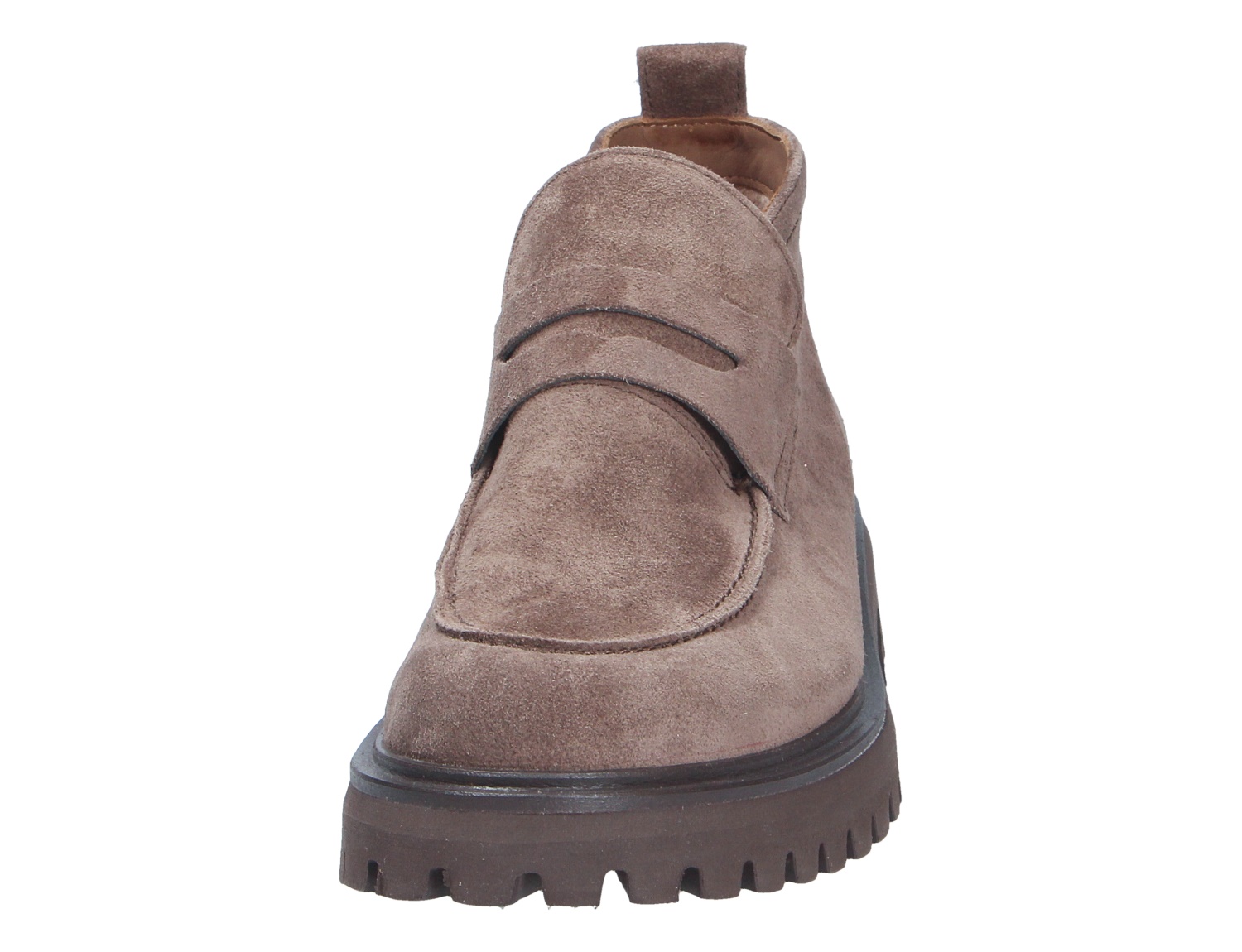 Frontansicht des Paul Green Damen Slippers aus taupefarbenem Veloursleder mit markanter Profilsohle