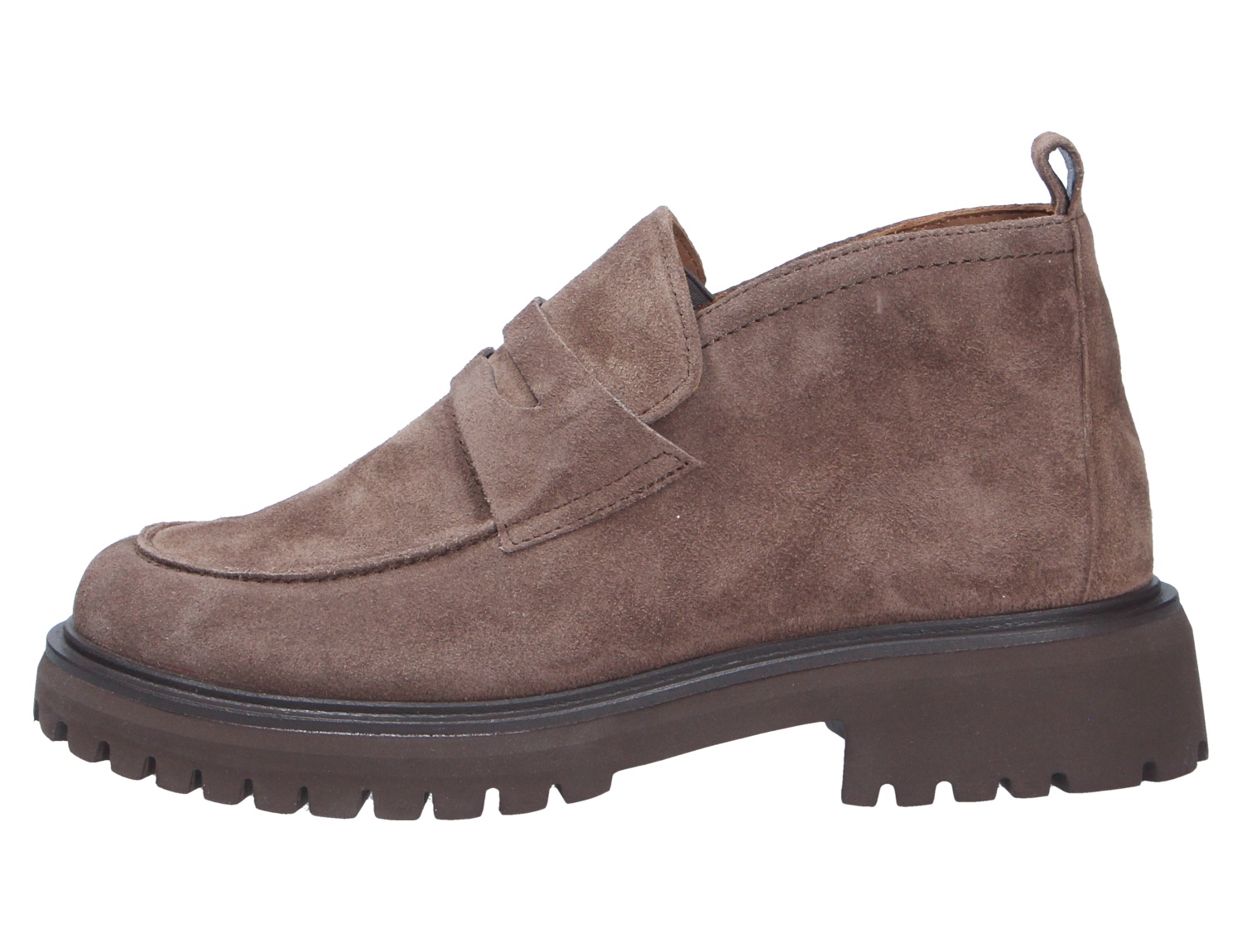 Paul Green Damen Slipper aus braunem Veloursleder, seitliche Ansicht, mit hohem Schaft und robuster Profilsohle