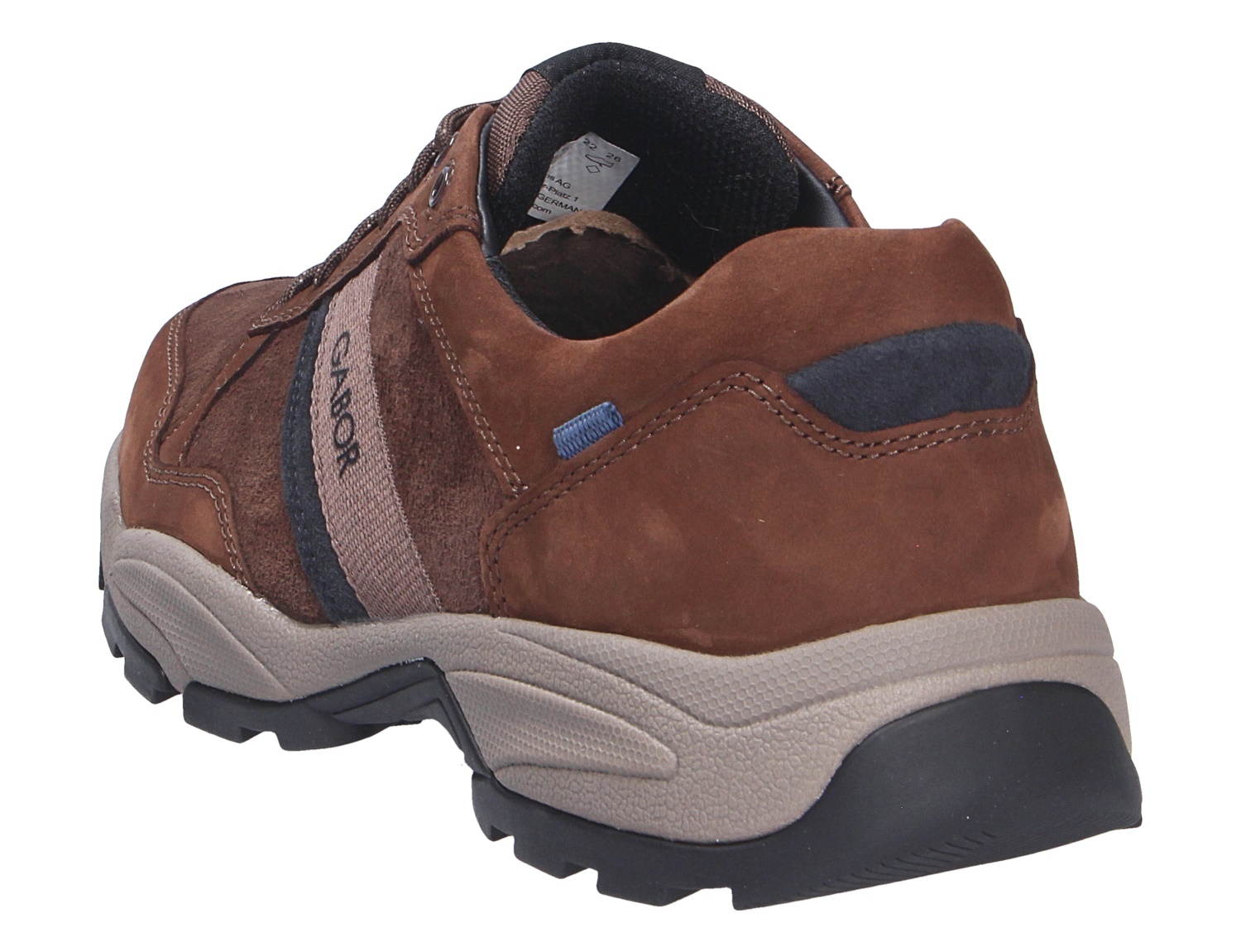 Rückansicht des braunen Pius Gabor Evolution Sneakers aus Leder mit kontrastierenden Details und robuster Profilsohle