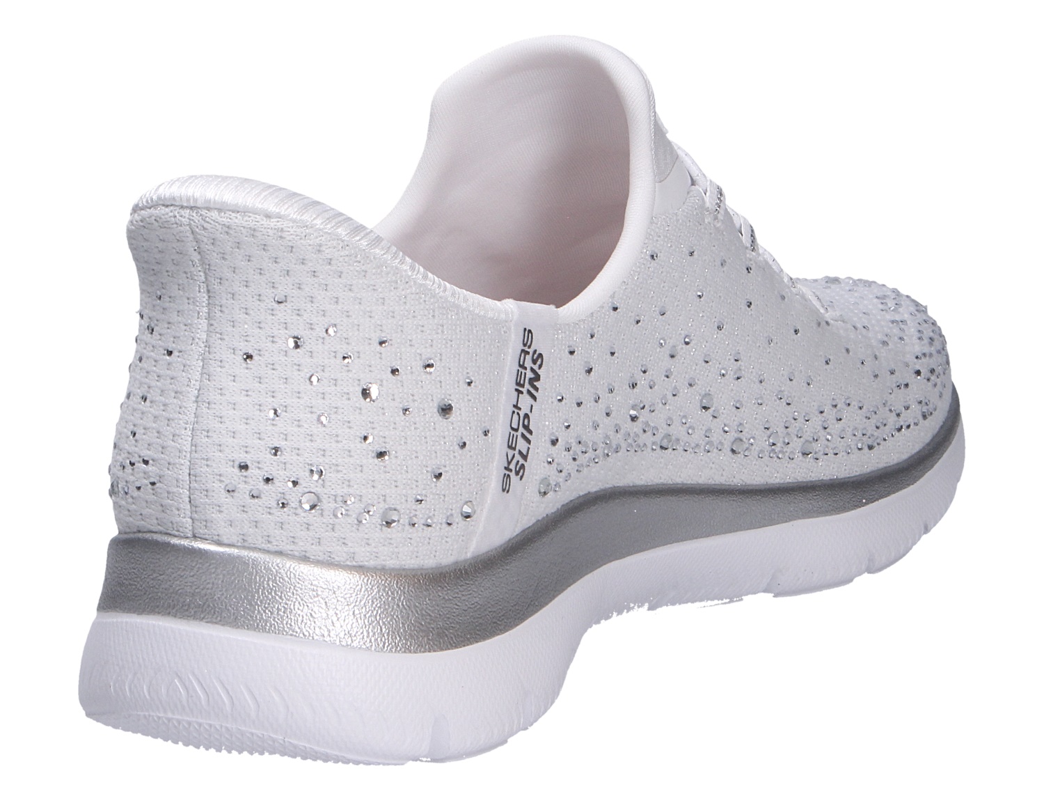 Rückansicht des weißen Skechers Summits Slip-Ins Sneakers mit funkelnden Ziersteinen und silberner Sohle