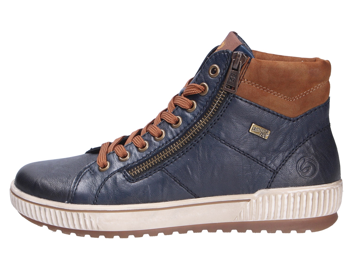 Remonte Damen Stiefel aus dunkelblauem Leder mit braunem Schaftrand, seitlichem Reißverschluss, Schnürung und heller Profilsohle