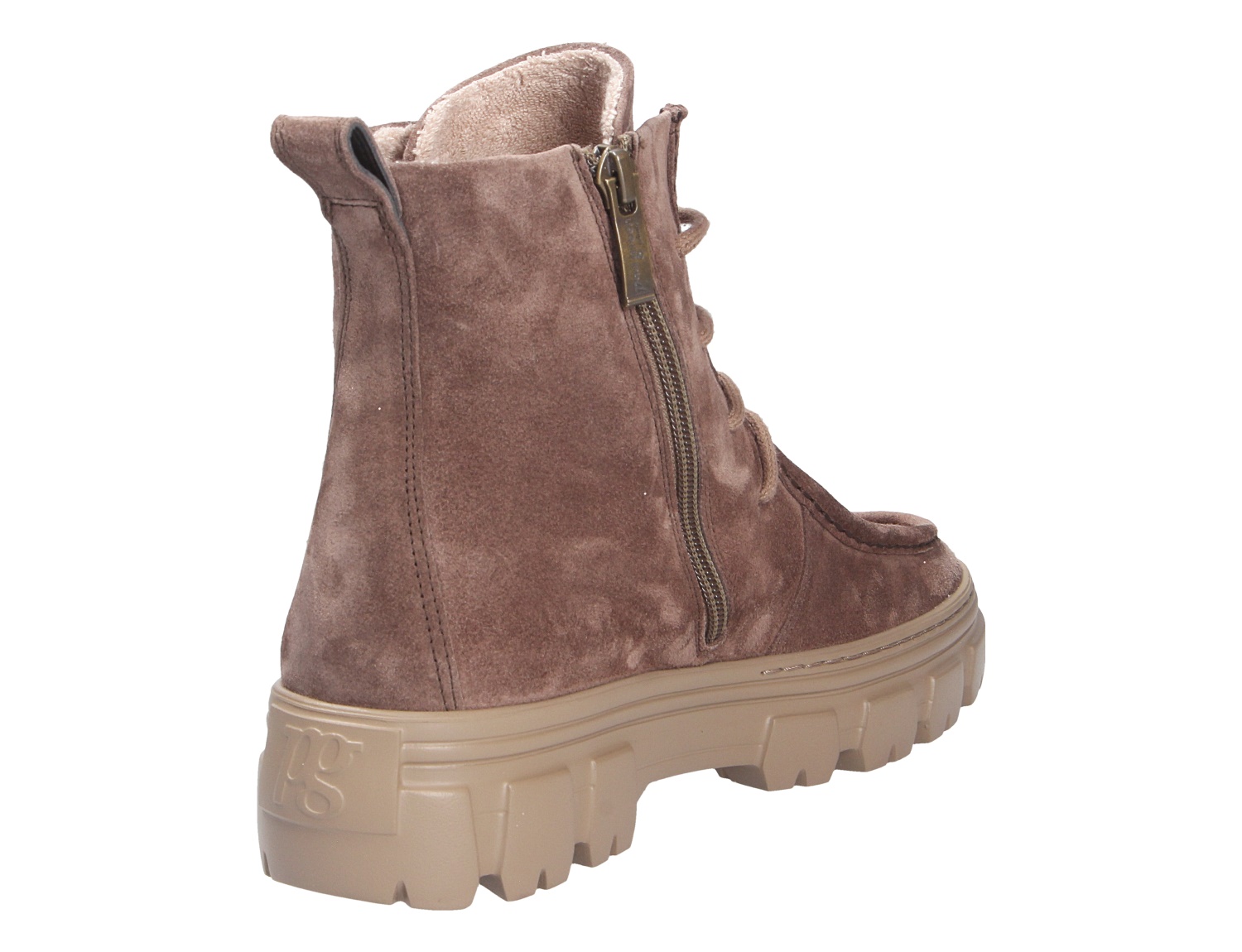 Paul Green Damen Schnürschuhe in Taupe aus Veloursleder, seitliche Rückansicht mit Reißverschluss, Schnürung und robuster Profilsohle