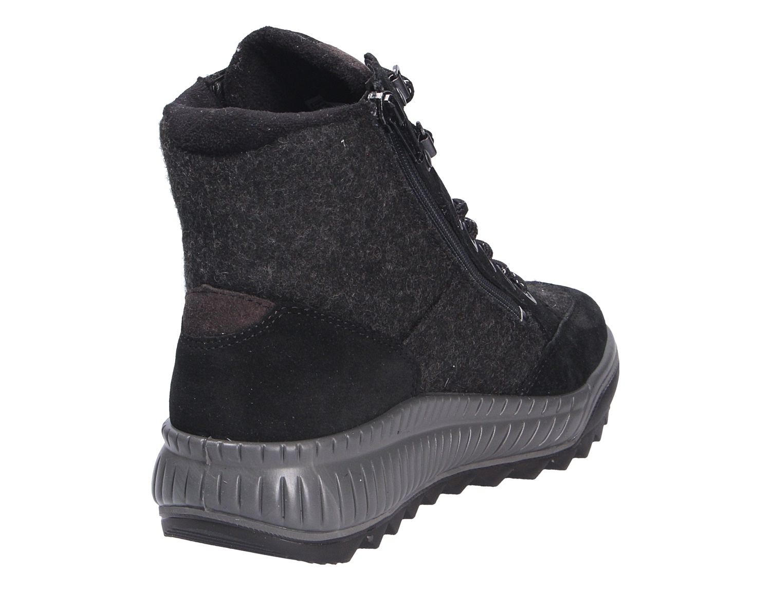 Legero Damen Stiefel in Schwarz aus Textil und Veloursleder, Rückansicht mit seitlichem Reißverschluss und griffiger Profilsohle