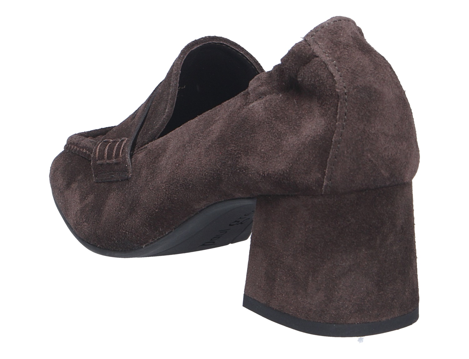 Paul Green Damen Pumps aus braunem Veloursleder, seitliche Rückansicht mit markantem Blockabsatz und klassischer Loafer-Form